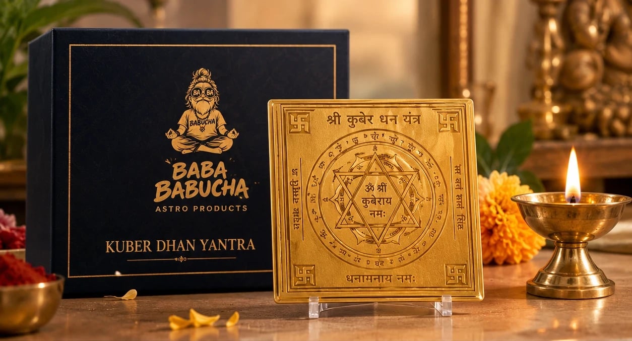 Gold-toned Kuber Dhan Yantra on a clear stand beside its navy Baba Babucha gift box, a lit brass diya and marigold flowers